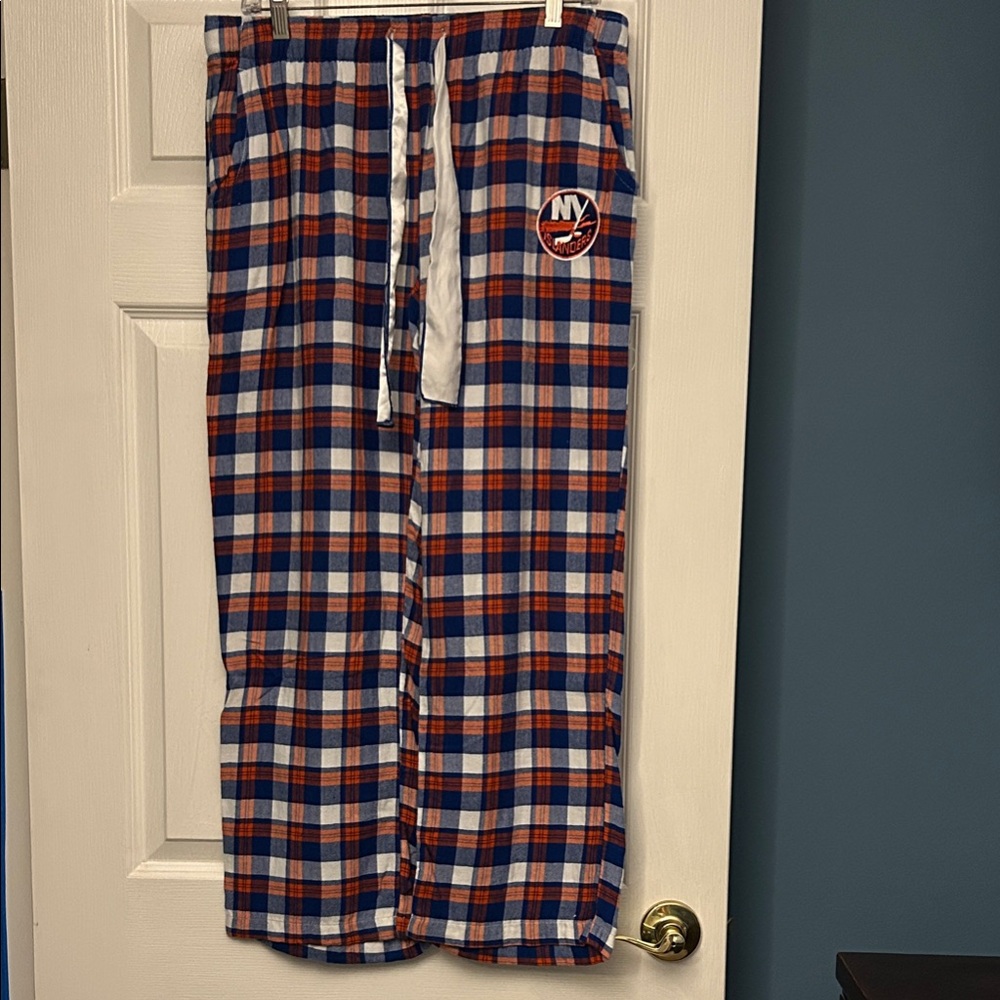 Womens NY Islanders Plaid Pajama Pants in Blue and Orange with team patch